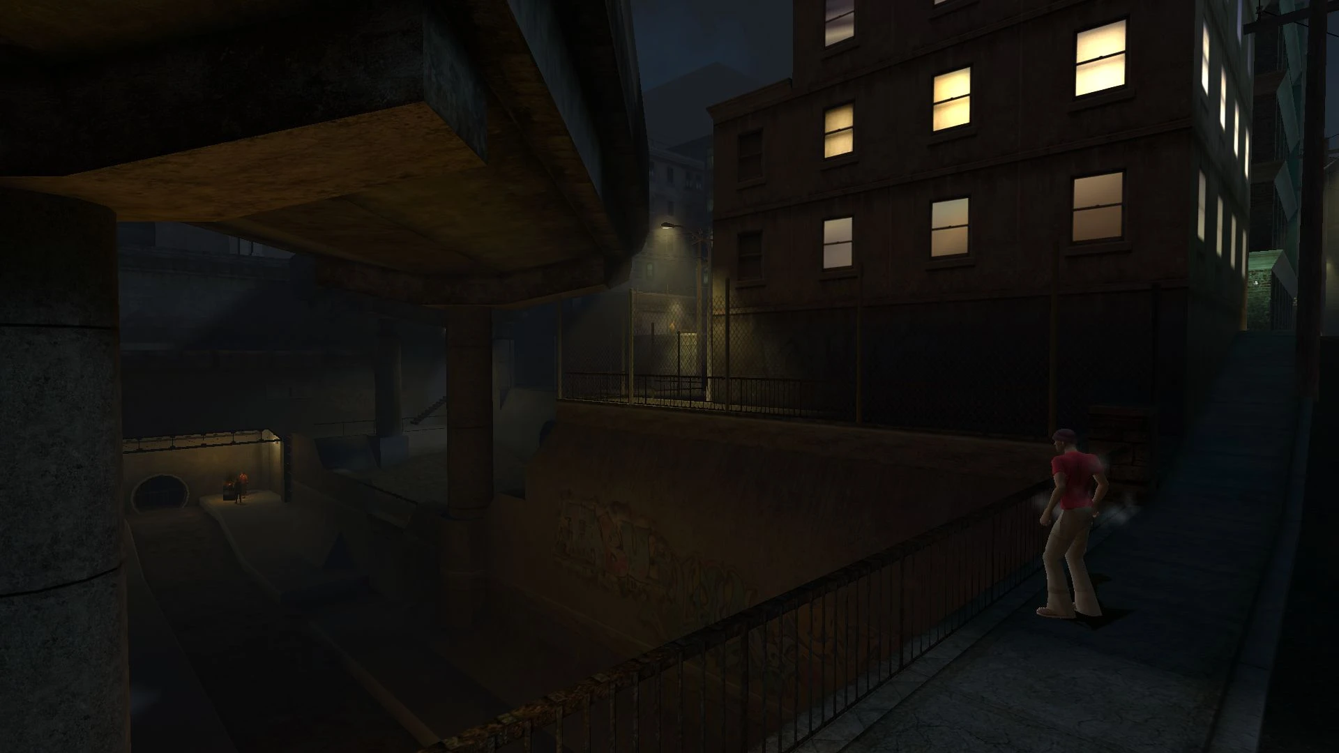 A character stands near railing overlooking a dark urban canal area with lit windows at night in VTMB Prelude