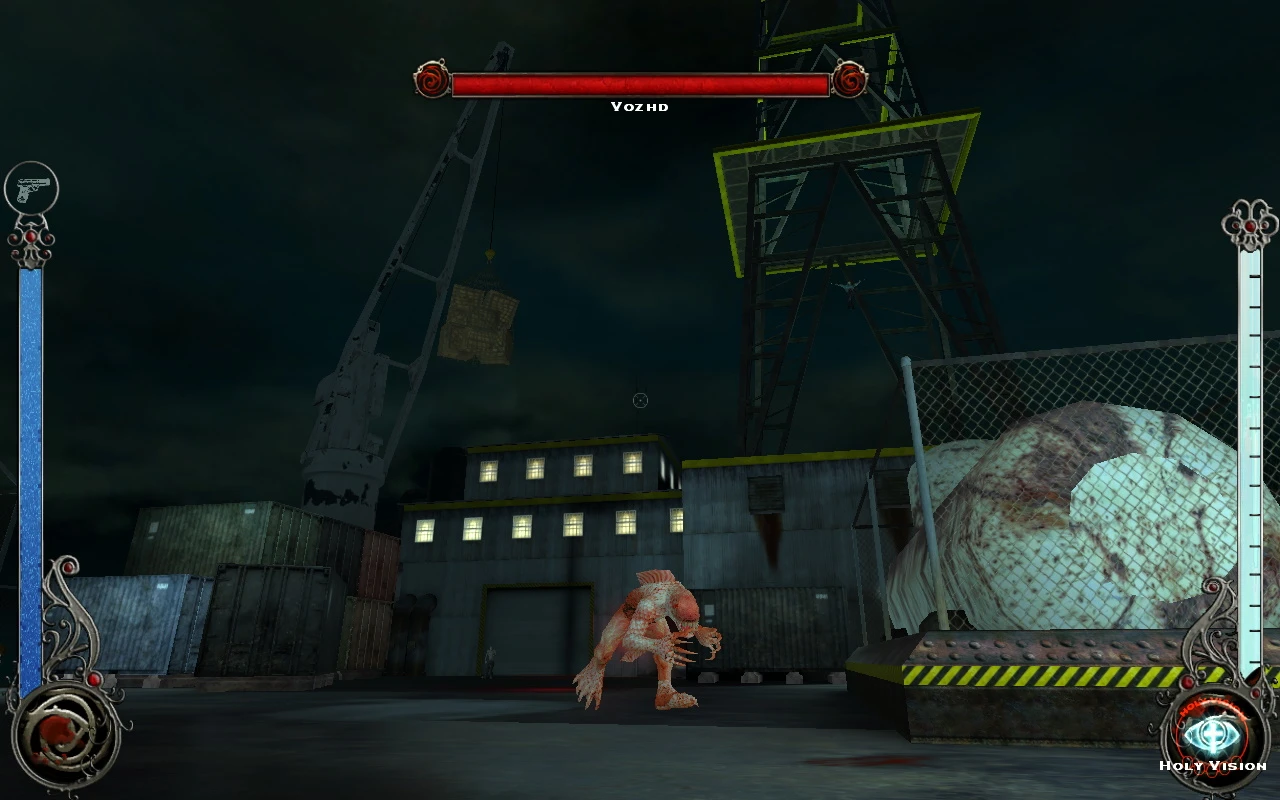 Nighttime scene in VTMB Prelude mod showing player facing a crouched monster boss in a dockyard with cranes and containers