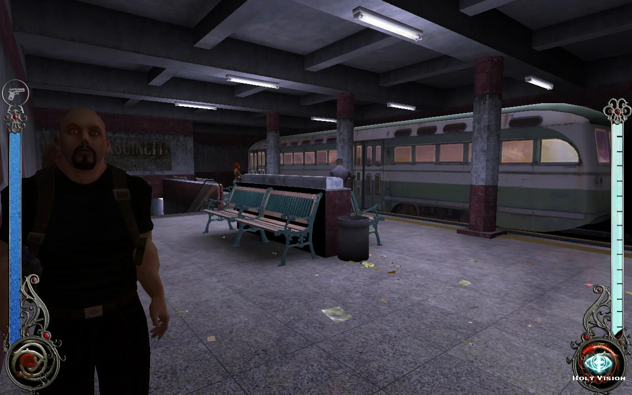 Screenshot shows a dimly lit underground train station with benches, a train, and several game characters including a bald man in black clothes