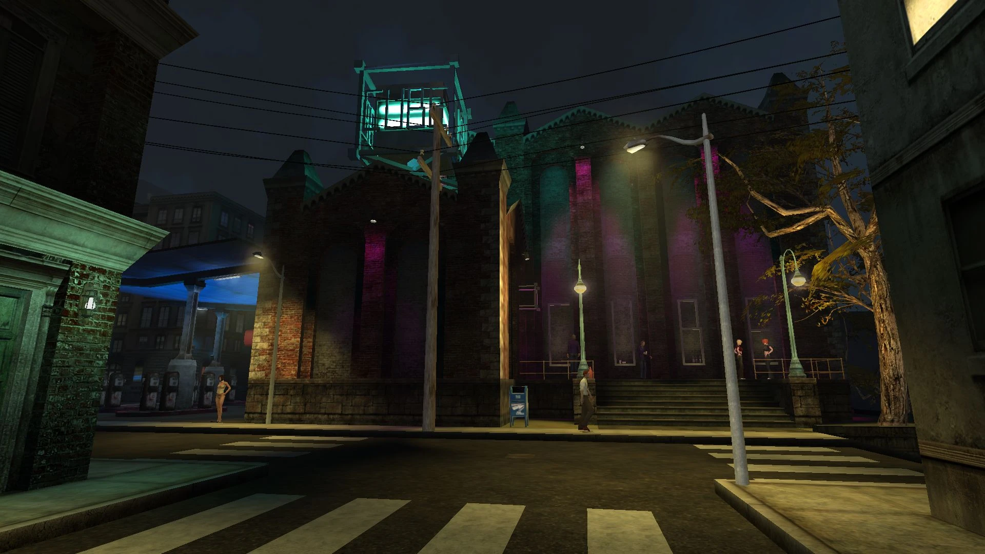 Street intersection at night with a brick building lit by neon lights and pedestrians nearby in VTMB Prelude