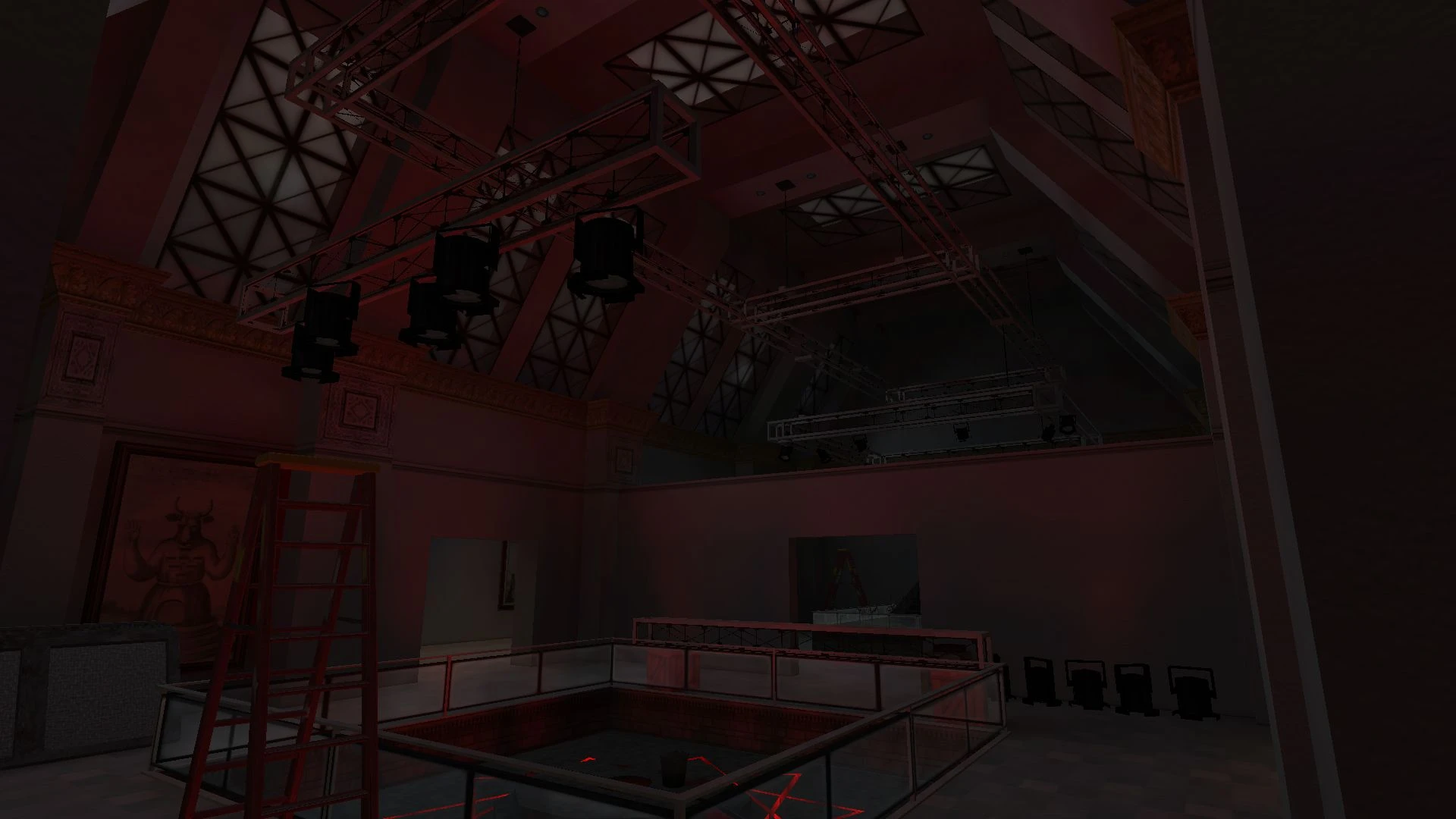 Interior view of a dark nightclub with suspended lighting trusses and a red ladder inside VTMB Prelude mod