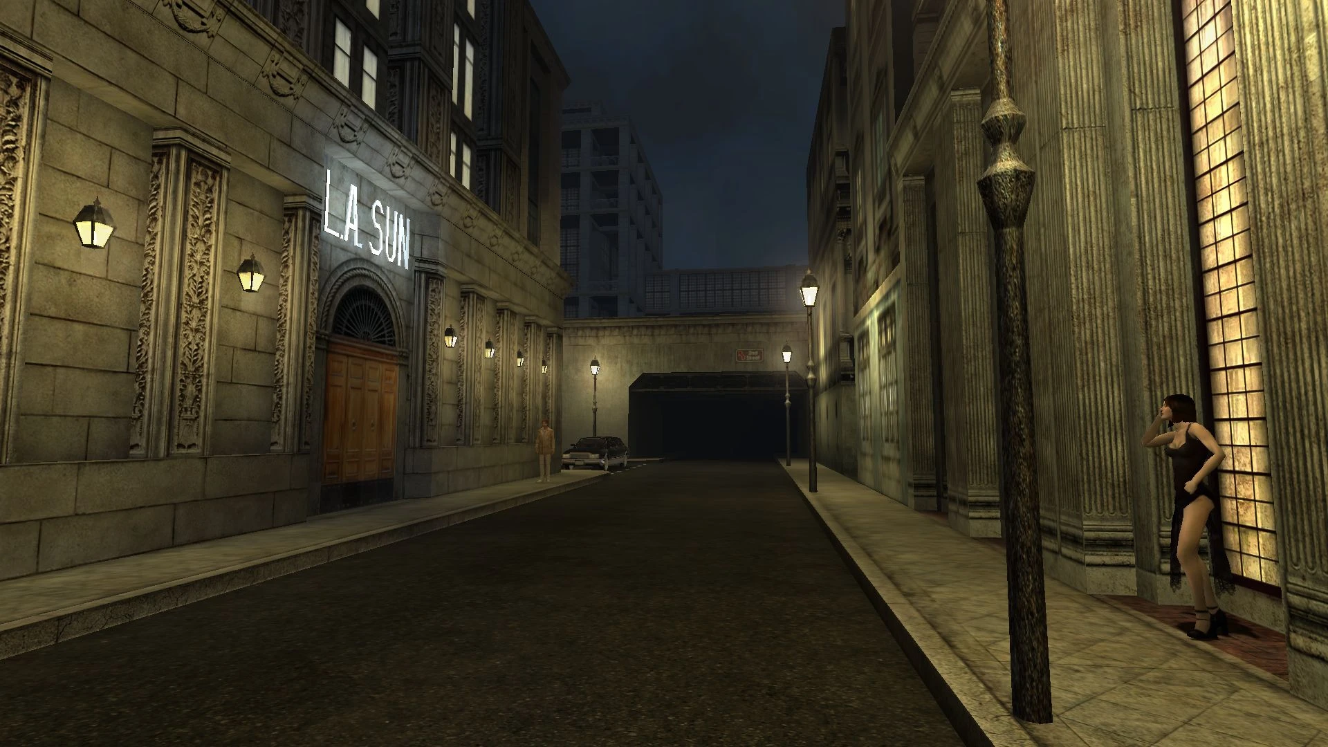 Nighttime street in Vampire: The Masquerade Bloodlines VTMB Prelude mod depicting a woman in black dress and a man near a building