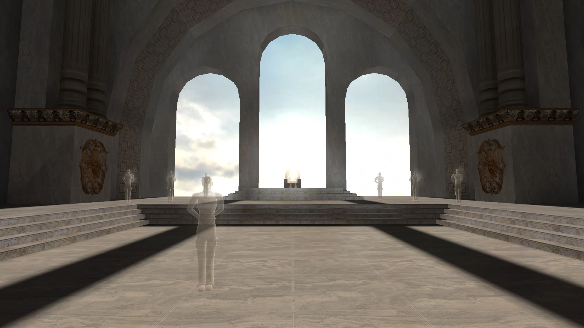 Spacious grand hall with three large arched windows and six transparent ghostly human figures