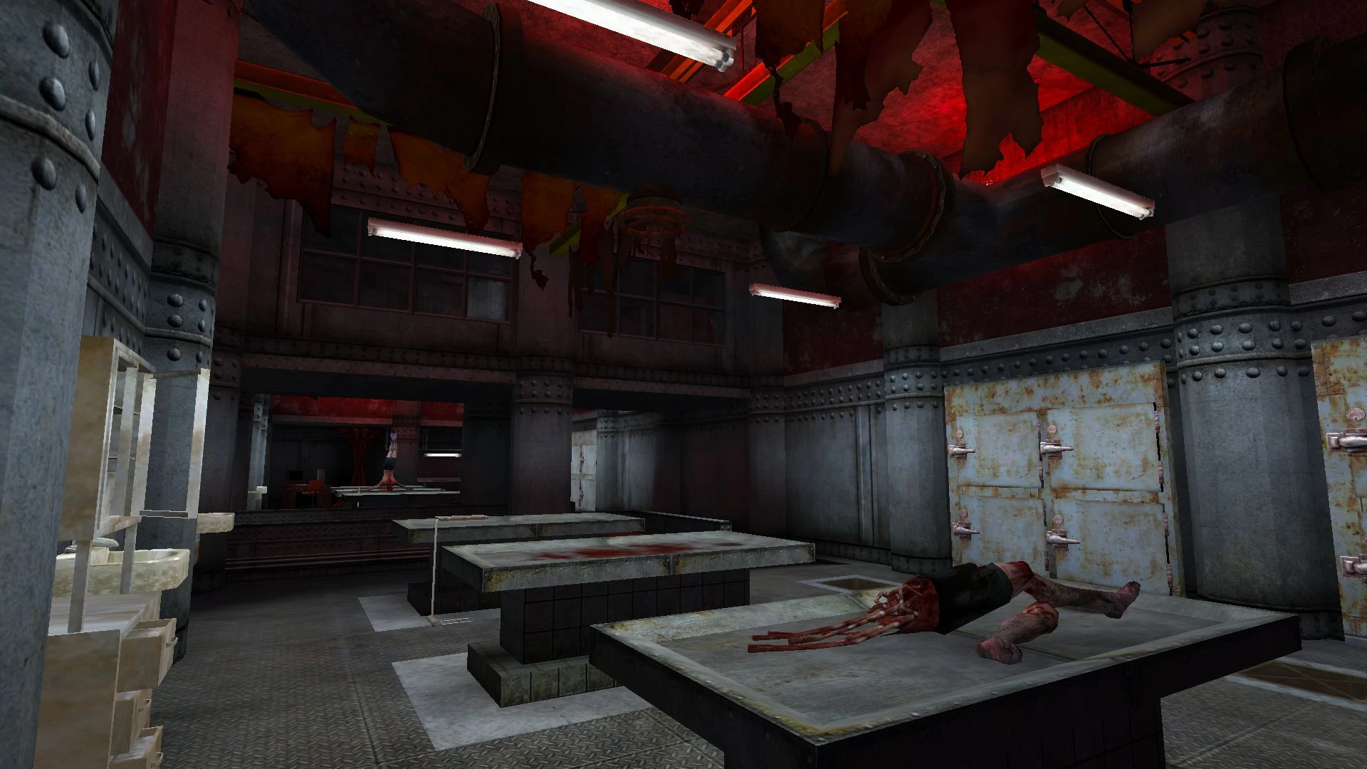 Interior of grim morgue with body parts on tables and rusty refrigeration units under red light