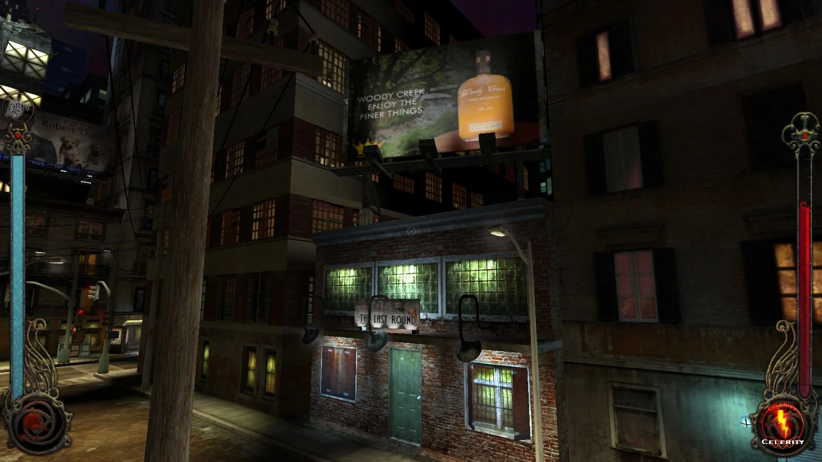 Вид ночной городской улицы с модифицированным зданием и вывеской The Last Round в Vampire The Masquerade Bloodlines