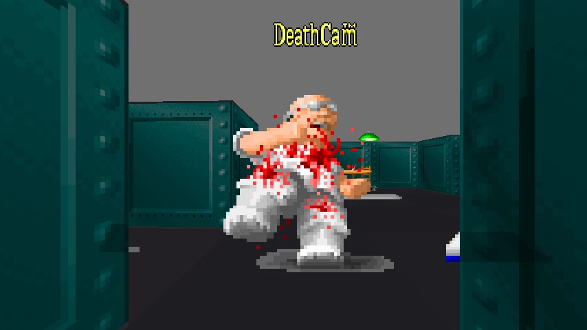 Screenshot moda Isowulf do Wolfenstein 3D pokazujący pikselowaną postać ze skutkami krwi podczas strzału