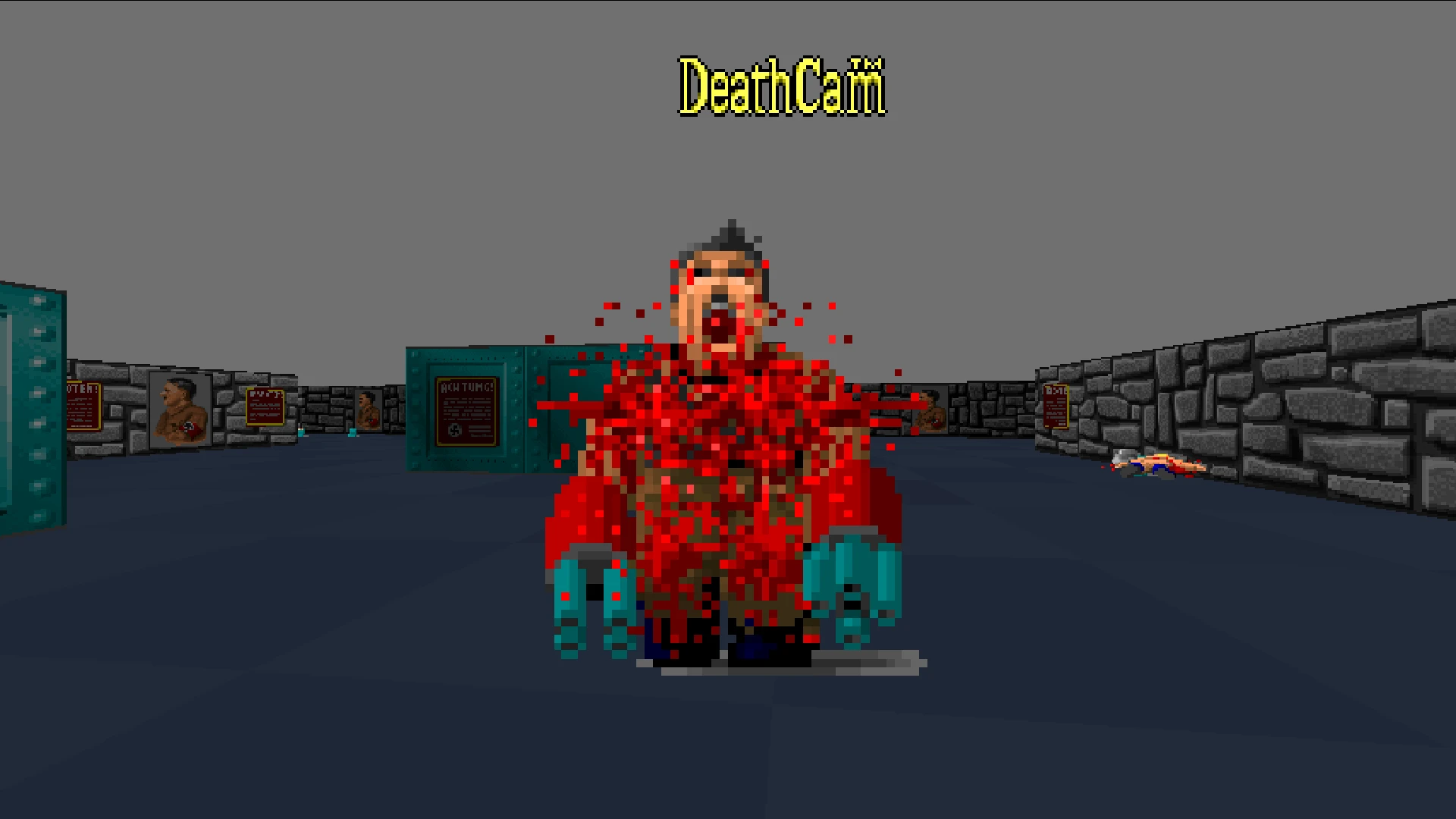 Zrzut ekranu pikselowego przeciwnika eksplodującego krwią w DeathCam w modzie Isowulf do Wolfenstein 3D