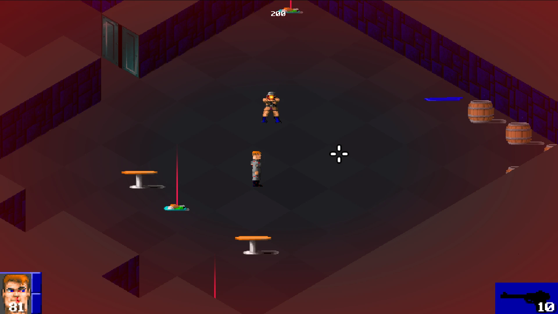 Scena izometrycznej walki w modzie Isowulf do Wolfenstein 3D z graczem i wrogiem w pomieszczeniu lochów