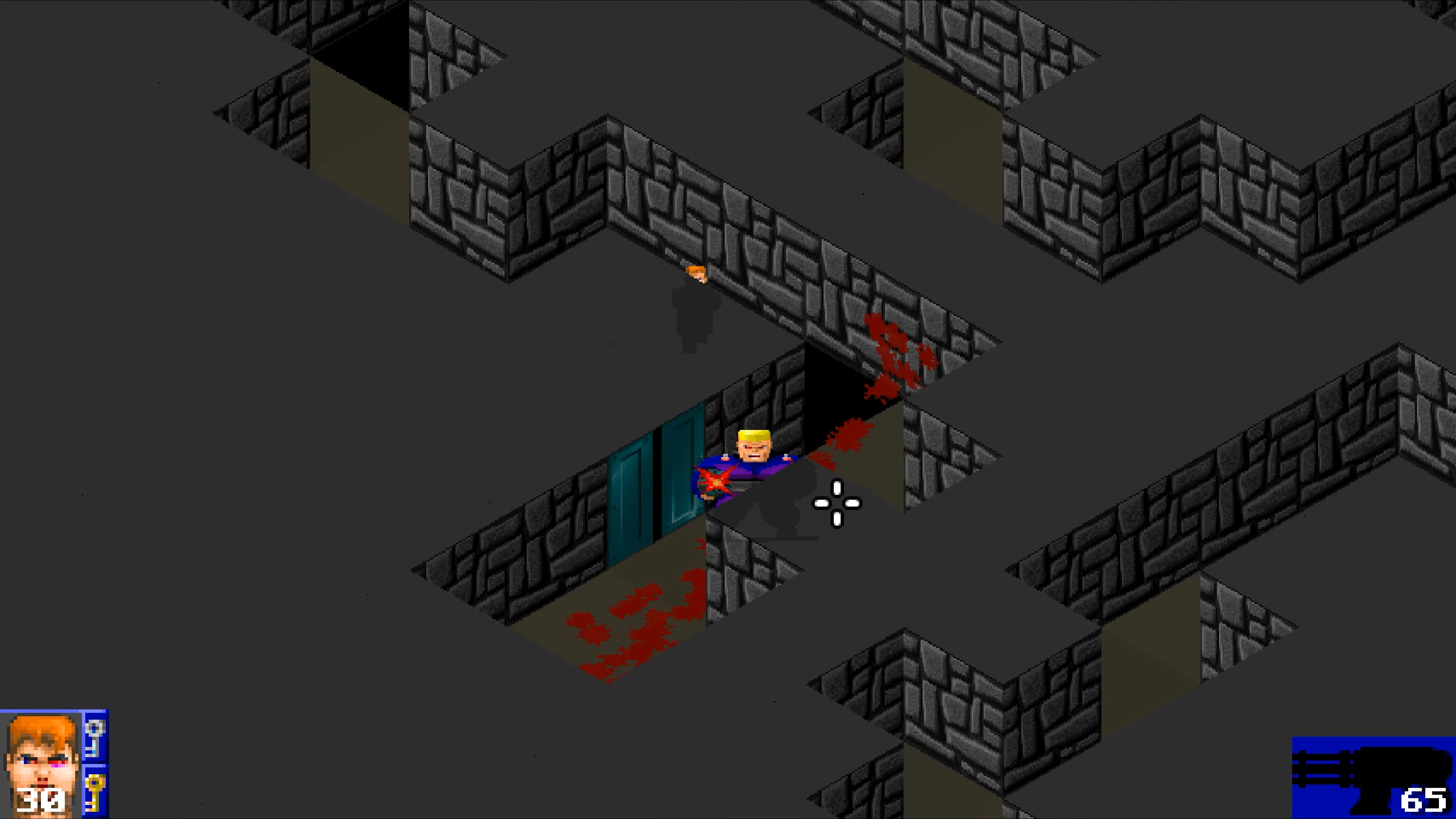 Izometryczna rozgrywka w modzie Isowulf do Wolfenstein 3D z postacią strzelającą i plamami krwi