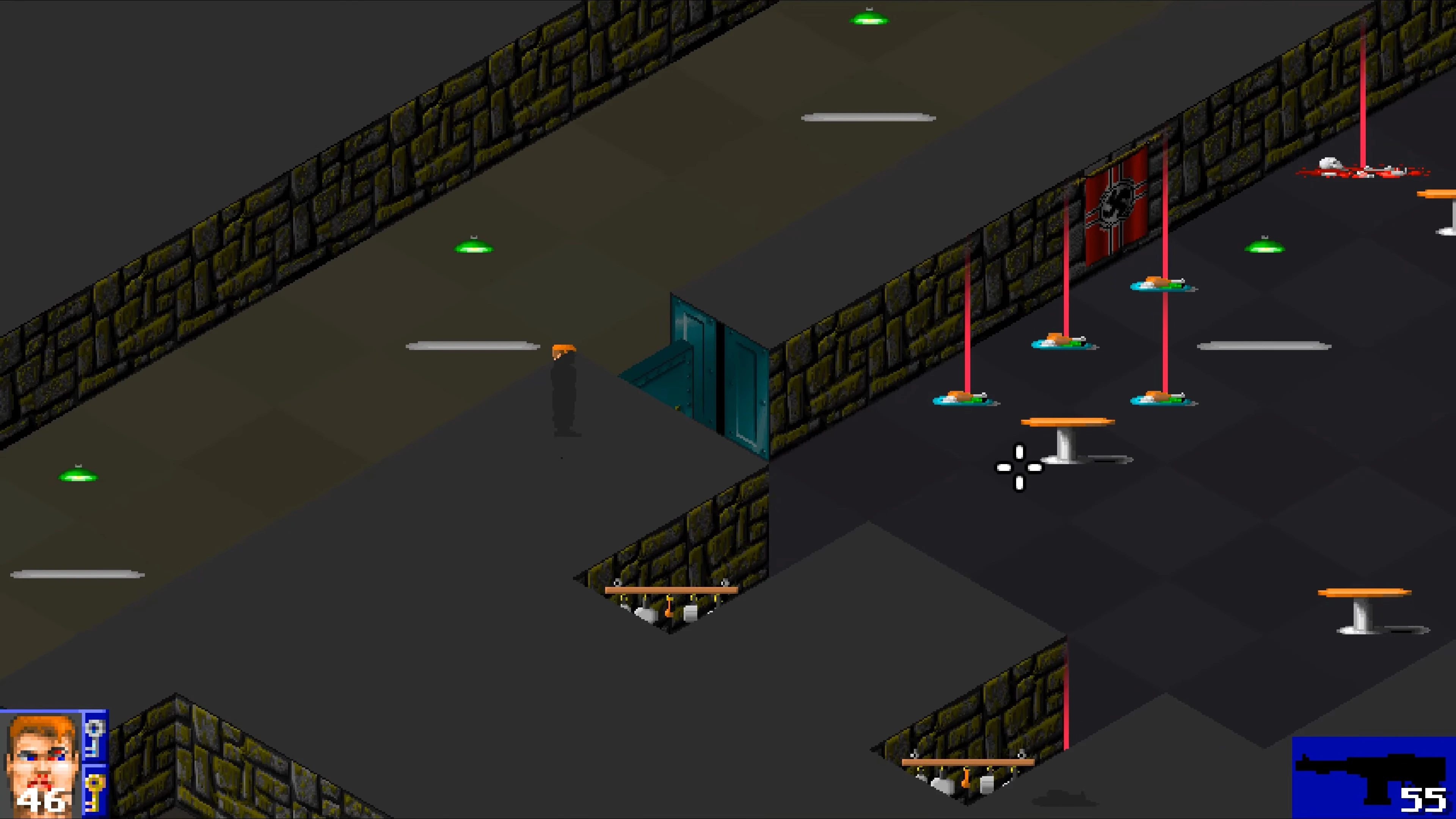 Widok izometryczny postaci w korytarzu lochu z stołami i czerwonymi wiązkami laserowymi w modzie Wolfenstein 3D Isowulf