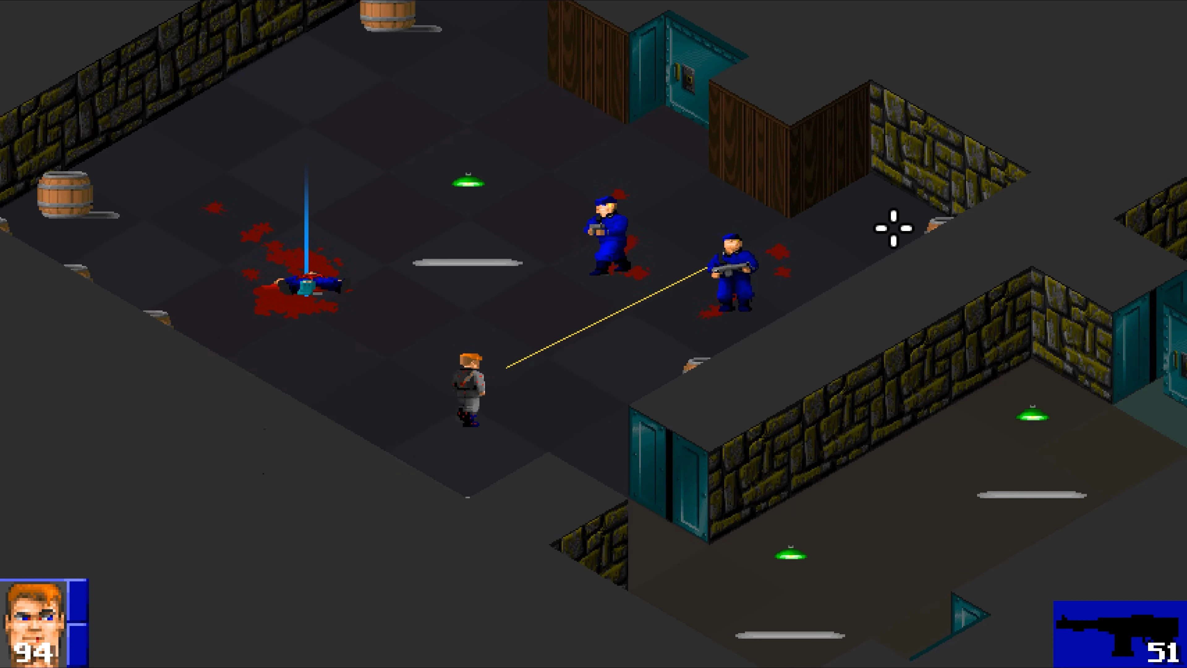Izometryczna rozgrywka Wolfenstein 3D w modzie Isowulf prezentująca gracza strzelającego do wrogów w taktycznej walce w pomieszczeniu