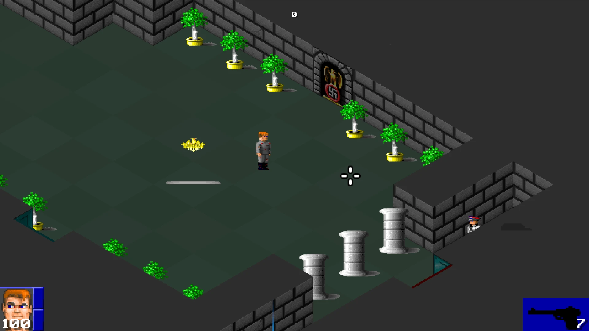 Izometryczny widok postaci w szarym mundurze w pomieszczeniu z kamiennymi ścianami, doniczkowymi roślinami i kolumnami w modzie Isowulf do Wolfenstein 3D