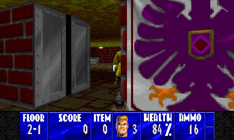 Rozgrywka moda Wolfenstein 3D HD z poziomem zdrowia, amunicją oraz wrogiem za drzwiami