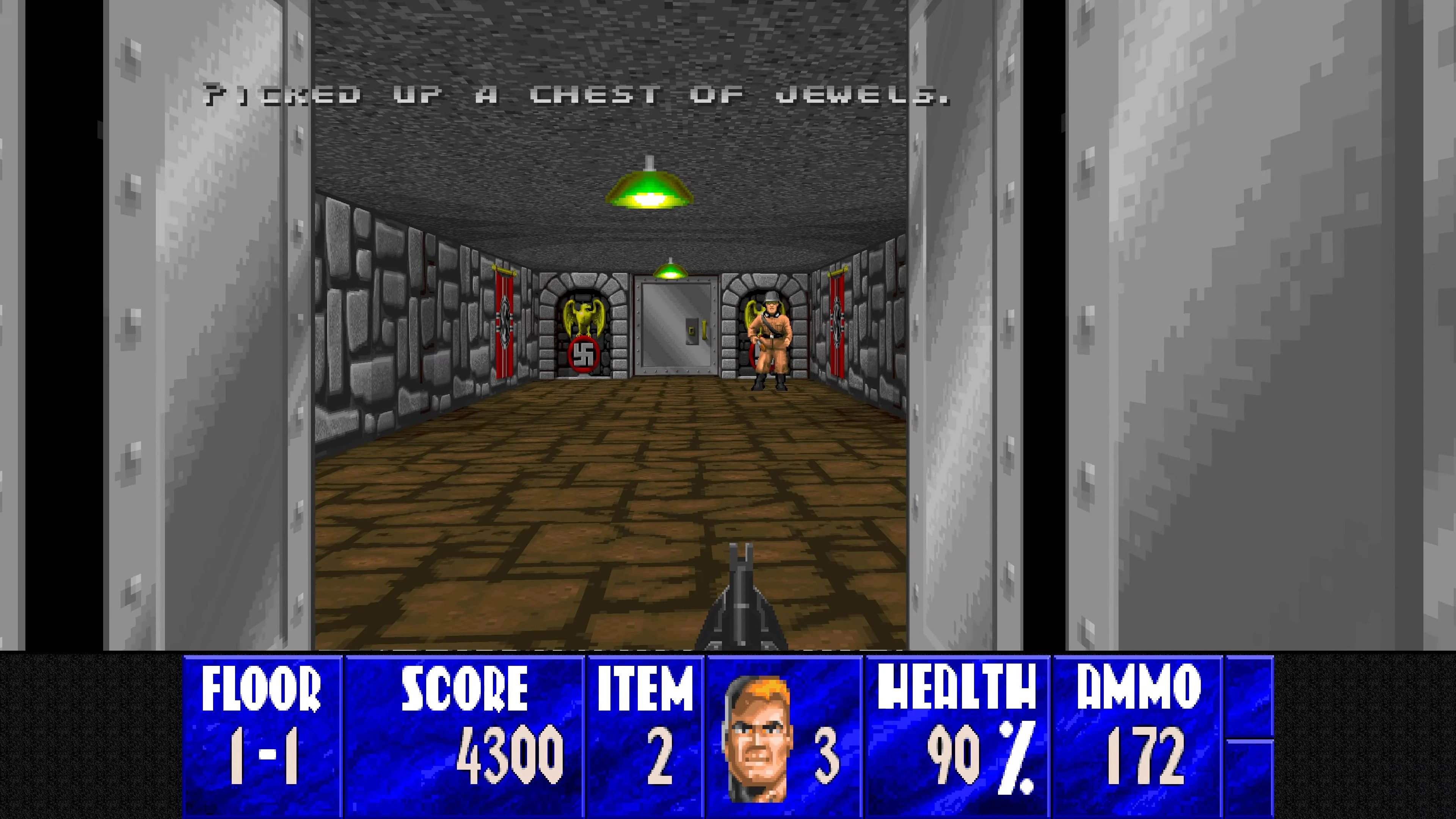 Zrzut ekranu modyfikacji Wolfenstein 3D HD z graczem w kamiennym korytarzu, nazistowskimi strażnikami i wiadomością o zbieraniu klejnotów