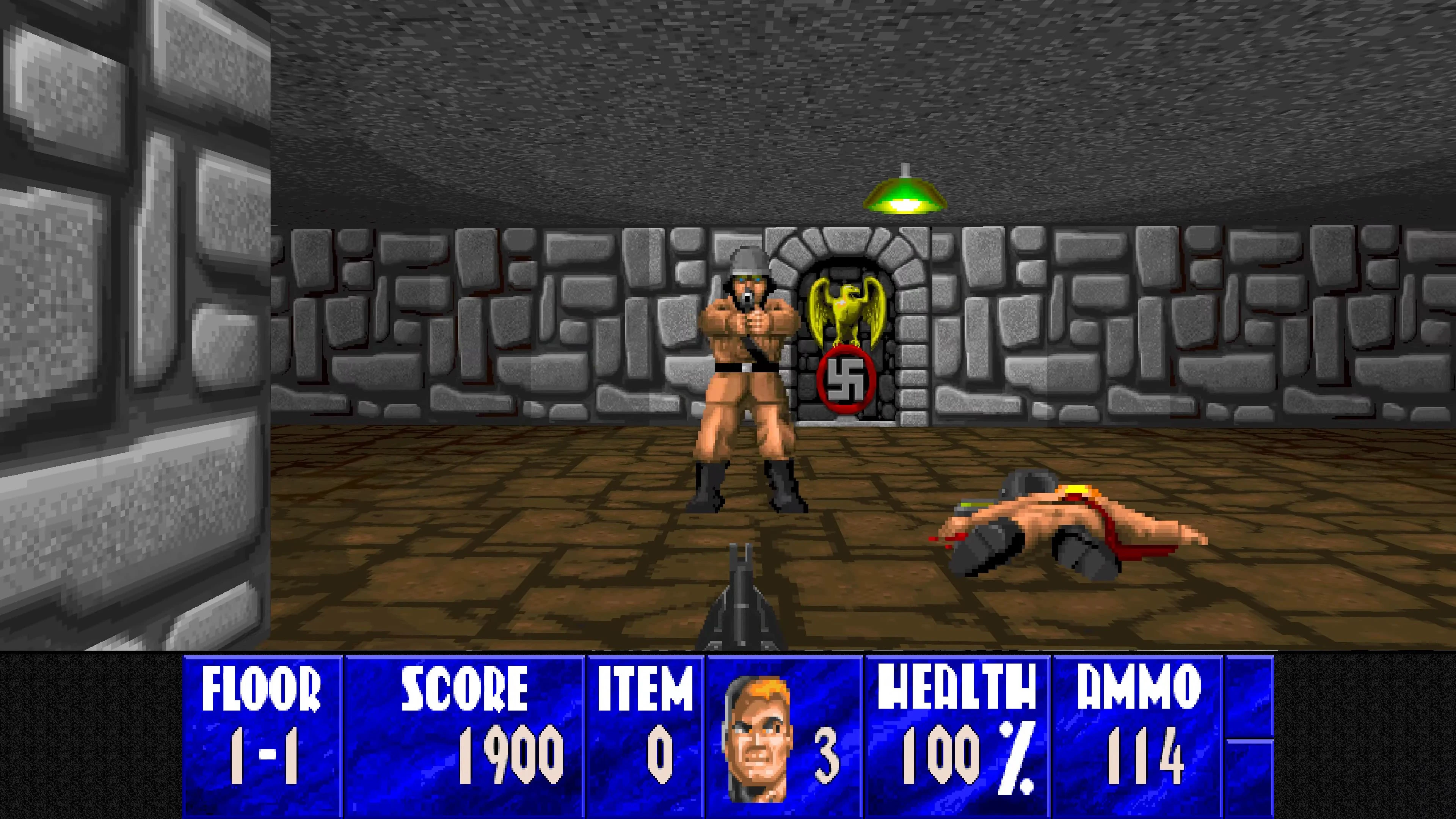Widok z perspektywy pierwszej osoby, żołnierz celuje pistoletem w wrogów w kamiennym pomieszczeniu z symboliką nazistowską w Wolfenstein 3D HD